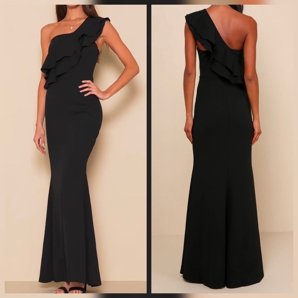 Lulus Grand Beauty Black Ruffled One-Shoulder Mermaid Maxi Dress